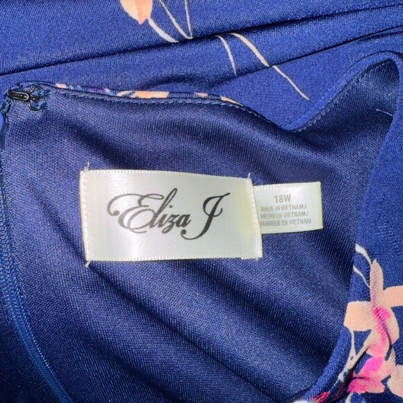 LEliza J's  Floral Navy Blue Puff Sleeve Waist Tie Leg Slit Long Dress Sz 18W - Picture 10 of 12